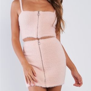 Fuzzy Cotton Candy Pink Zipper Crop Top/Mini Skirt